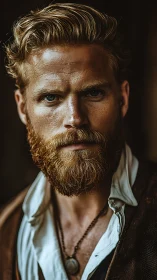Portrait of bearded man in rustic clothing, close-up view.