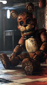 Rusty animatronic bear smiles crookedly in a haunted hall