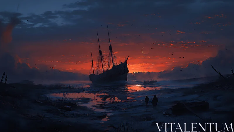 Shipwrecked vessel stands in tidal flat under red dusk sky