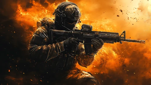 Armed tactical soldier against orange explosive backdrop.