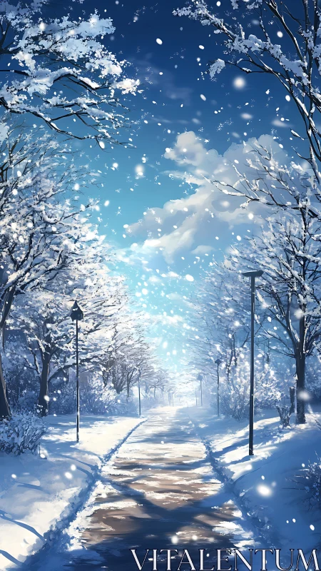 Snowy winter walkway glowing softly beneath blue skies.