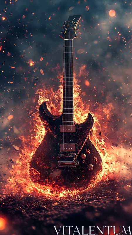 Inferno-struck electric guitar blazing in molten embers.
