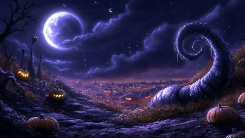 Moonlit pumpkin hillside watching a twinkling Halloween town.