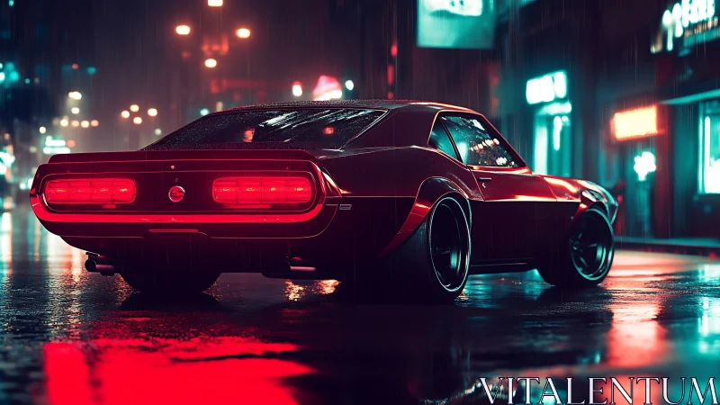 Retro muscle car glows under neon rain-soaked city lights.