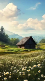 Sunlit timber cabin amid alpine meadow under diffuse clouds