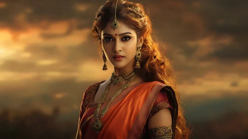 Golden evening portrait celebrates grace in traditional saree