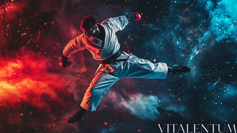 Martial artist executes aerial kick across fiery blue void