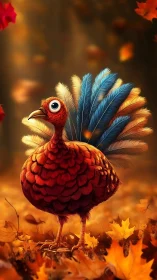 Anthropomorphic turkey rendering amid defocused autumn foliage.