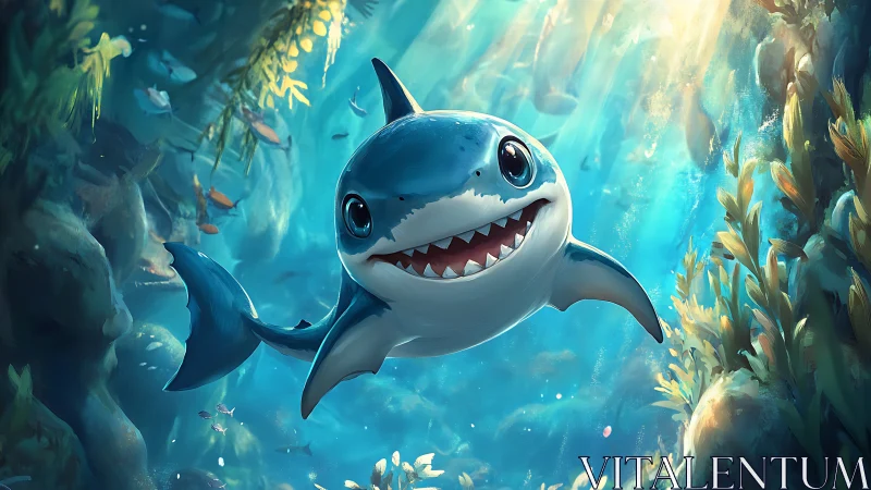 Cartoon shark with large eyes swims through sunlit kelp forest