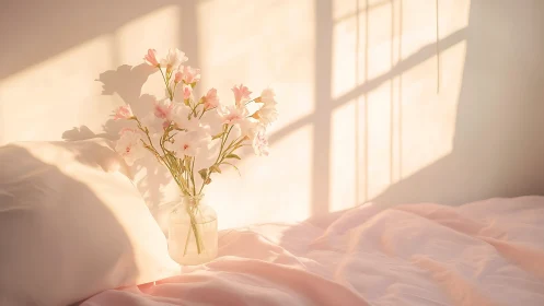 Soft morning light over pink flowers on a serene bed.