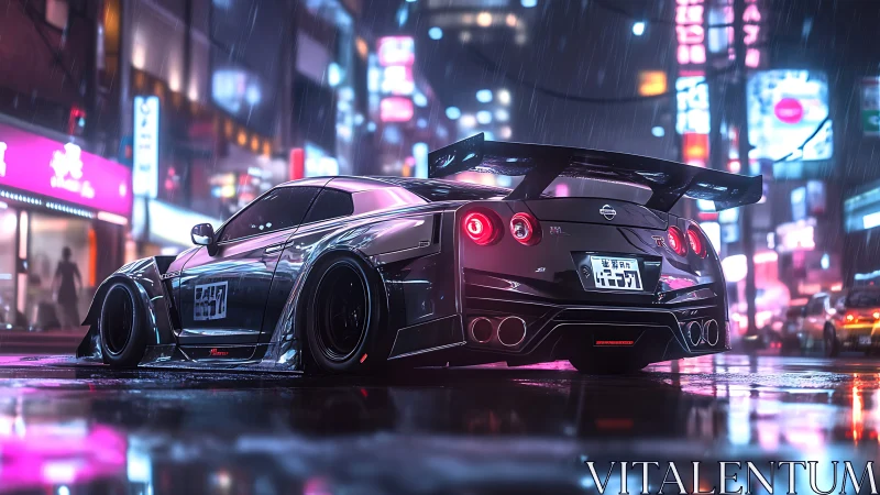 Modified Nissan GT-R idles under neon lights on wet city street