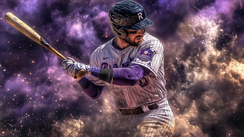 Baseball batter in purple pinstripes amid cosmic clouds.