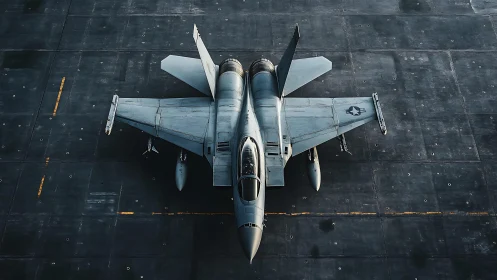 Carrier-deck overhead view of twin‑engine fighter jet.
