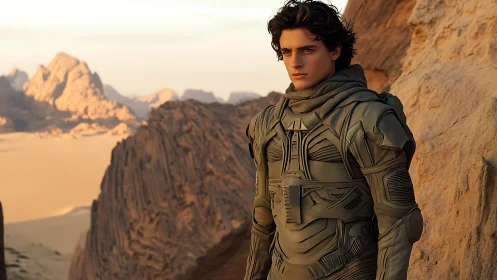 Young man in sci fi armor standing in rocky desert canyon.