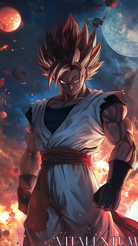 Cel shaded warrior stands against cosmic planetary backdrop