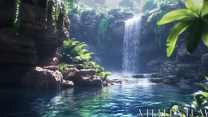 Lush hidden waterfall grotto with clear tropical pool.