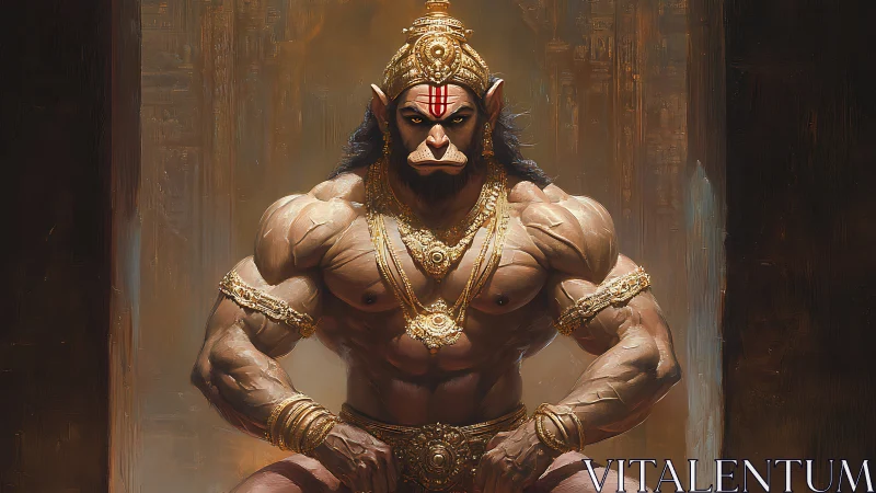 Muscular mythic warrior with gold ornaments in hall.