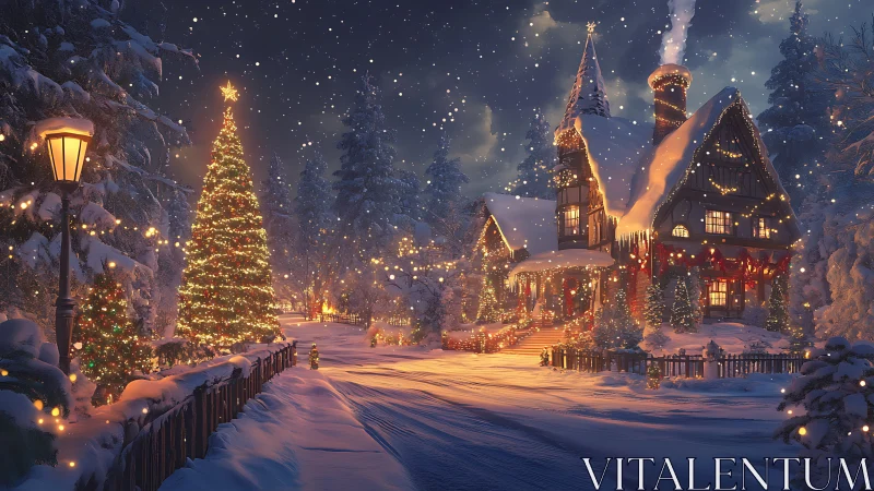 Snow-covered house and lit tree in winter night landscape.