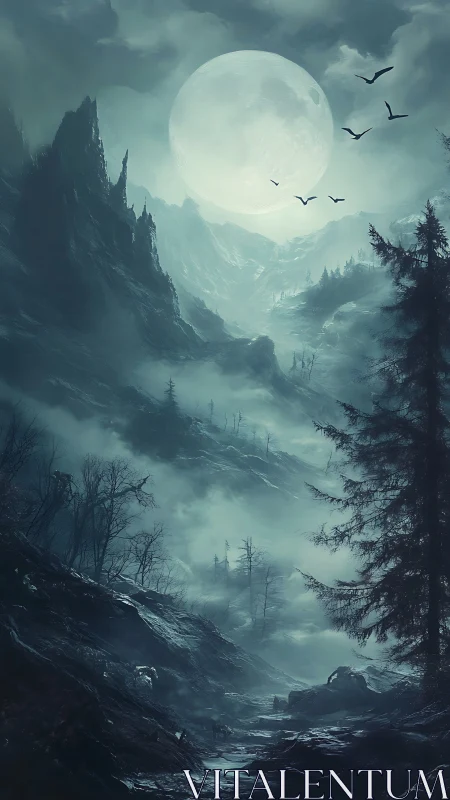 Lunar-illuminated glacial ravine with mist-layered fir silhouettes.