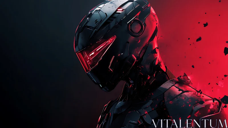 Red-illuminated combat exosuit helmet with fragmented armor plating
