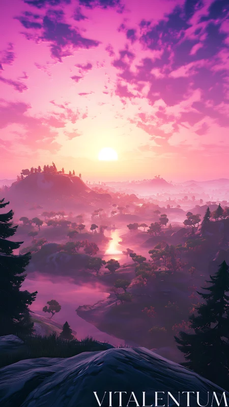 Vibrant violet sunrise over misty low-poly river valley.