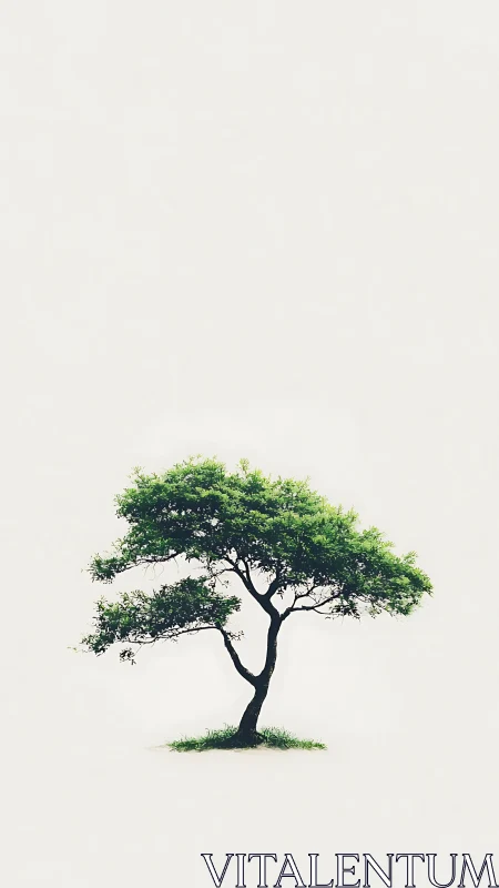 Solitary green tree stands calmly in a serene white void