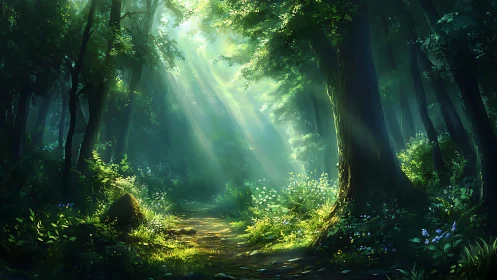 Sunlit Forest Path Through Majestic Ancient Trees.
