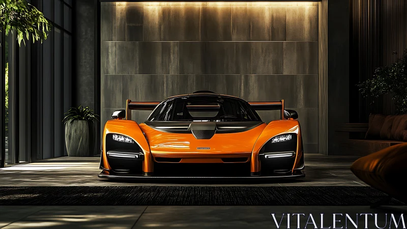Orange hypercar prowls a moody, luxurious concrete lair