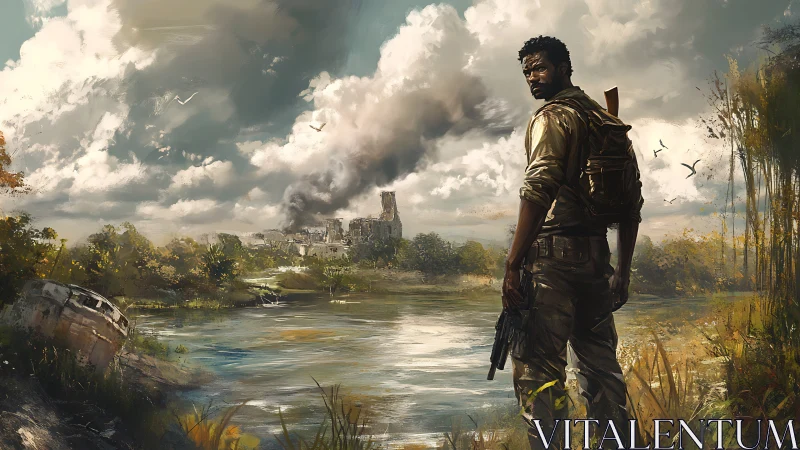 Post-apocalyptic survivor overlooking ruined riverside cityscape