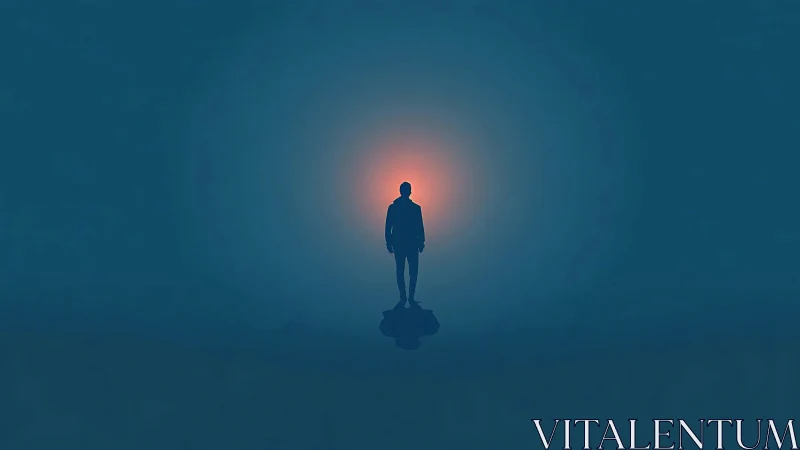 Solitary human silhouette stands against centered backlight