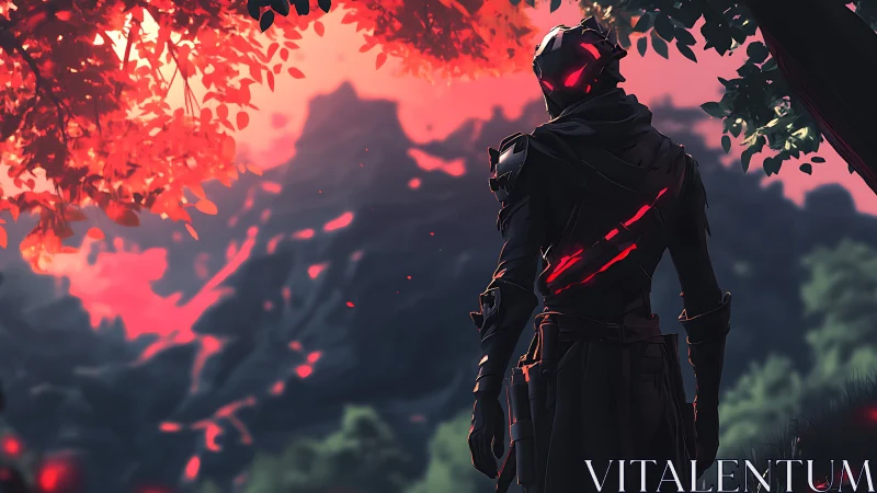 Armored sci fi warrior under red glowing forest sky.