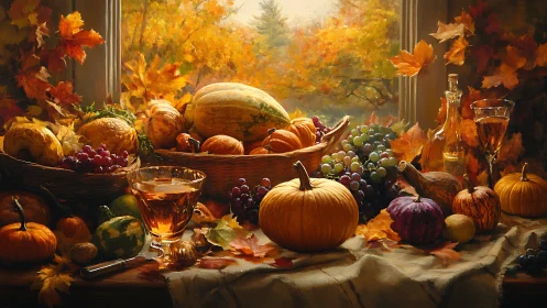 Oil still life of autumn harvest table with glowing foliage window.