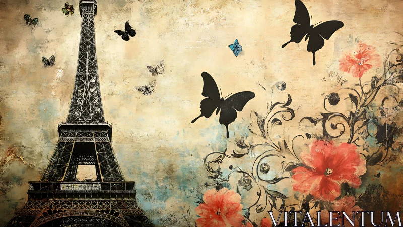 Grunge-textured Eiffel Tower with silhouetted butterflies and florals