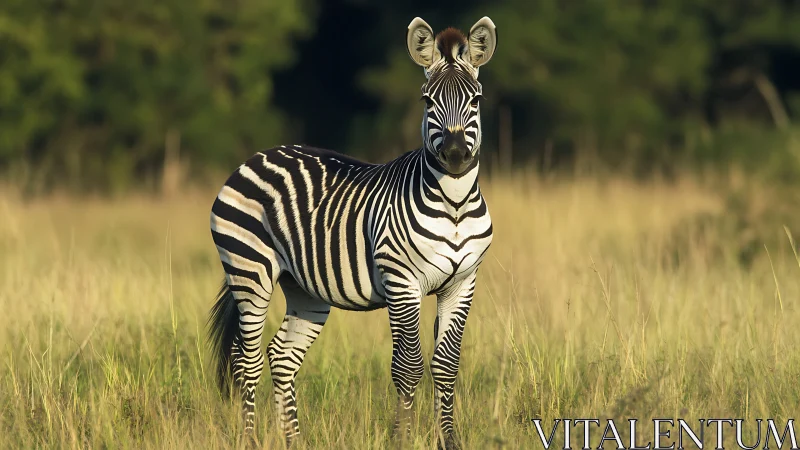 Solitary zebra stands in golden savanna grassland at sunrise.