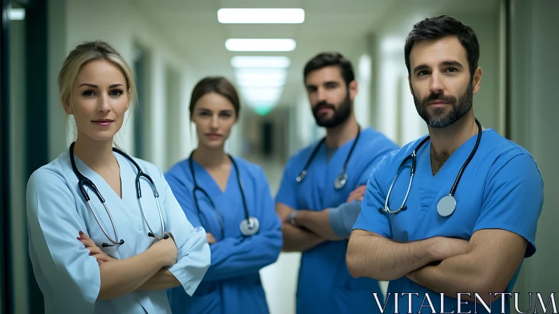 Confident corridor med team standing guard between heartbeats.