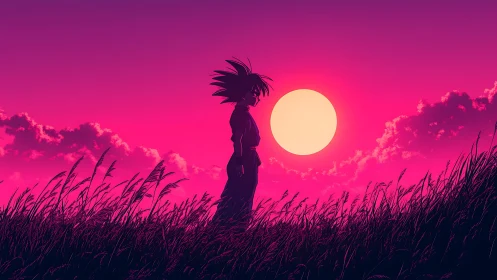 Anime figure silhouetted in tall grass at vivid sunset.