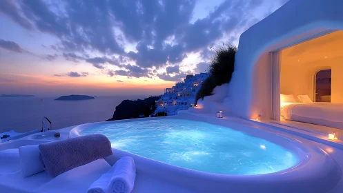 Infinity pool overlooks coastal cliffs at blue hour sunset
