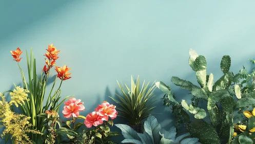 Botanical Landscape with Layered Floral Elements Against Serene Blue.