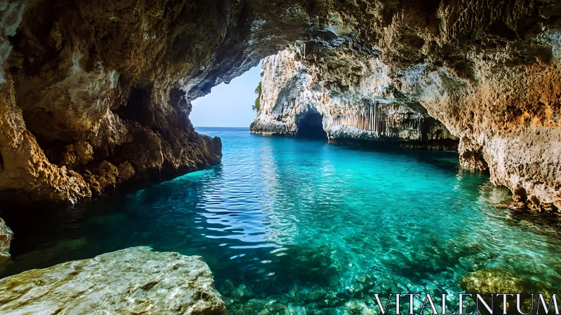 Karst sea cave basin with turquoise refractive water optics.