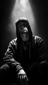 Moody monochrome portrait of hooded urban male figure.