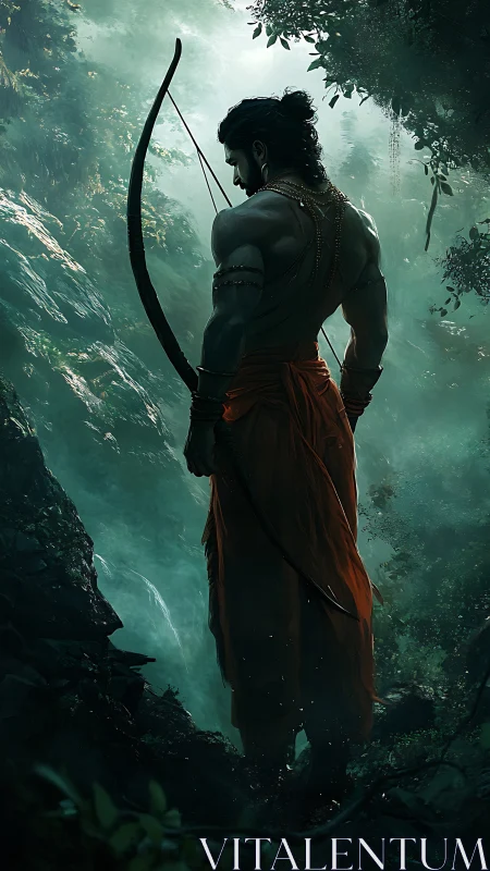 Warrior archer in dense emerald forest holding long bow.