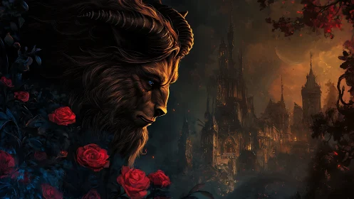 Brooding horned guardian amid roses and emberlit castle night.