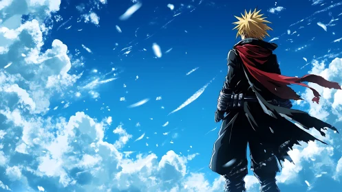 Lone anime warrior surveying bright windswept skyscape.