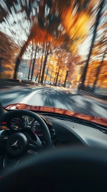 High-speed cockpit view through autumn forest tunnel.