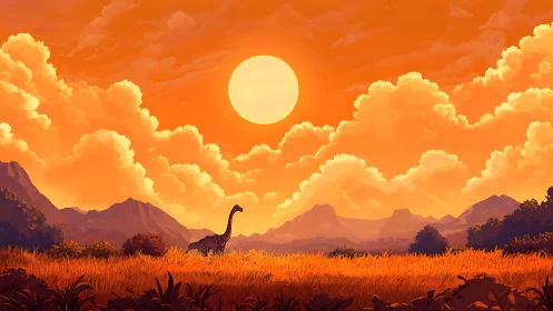 Gentle dinosaur wandering through a glowing sunset valley.