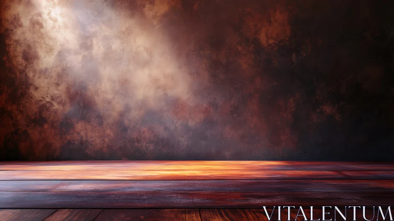 Golden spotlight on rustic wall and glowing wood floor backdrop.