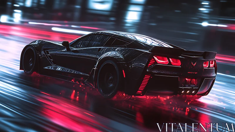 Black sports car on neon street with motion blur effect.