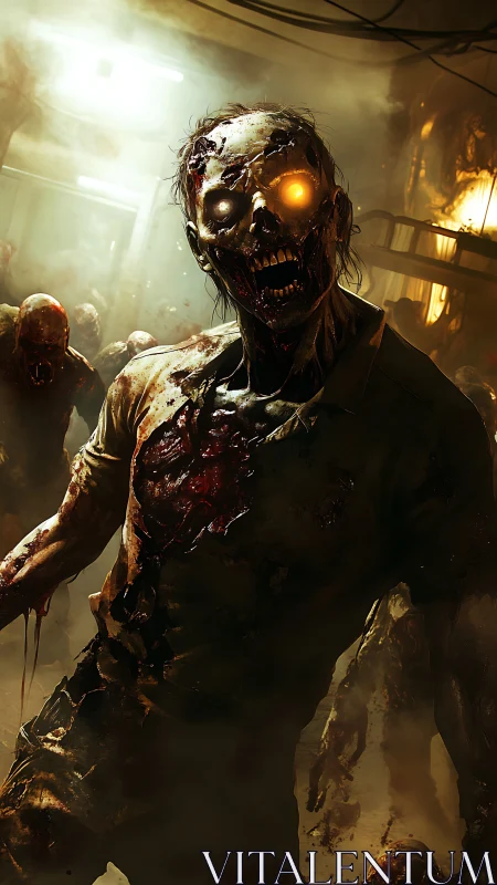 Bioluminescent-eyed alpha zombie in smoke filled corridor