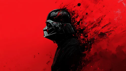 Profile of armored figure on red abstract splattered field.