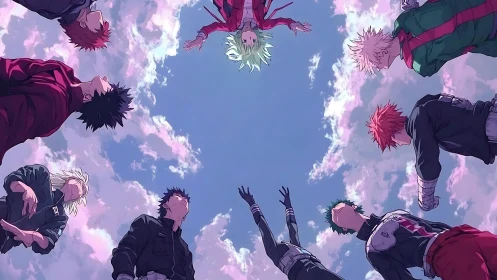 Skyward hero circle under cotton-candy battle clouds.